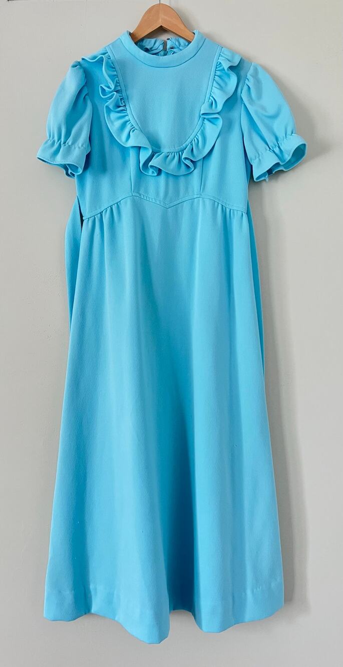 Vintage 1960s 1970s Turquoise Princess Maxi Dress Empire Waist Ruffle Blue